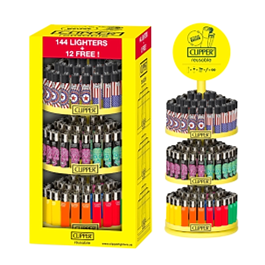 Clipper Reusable Mix 3 Tier Lighters - 144ct + 12 Free