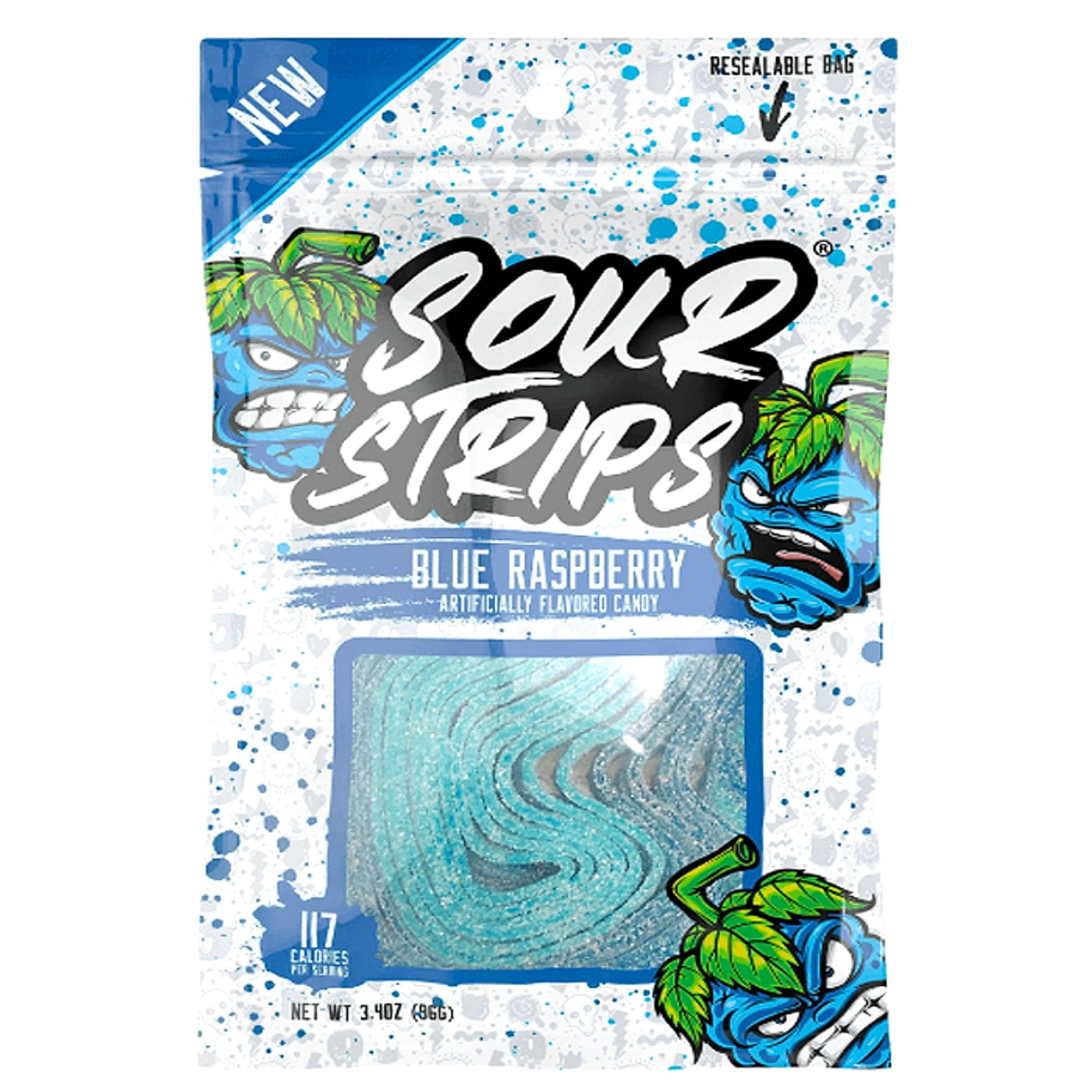 Sour Strips Candy Peg Bag - Blue Raspberry - 97g -12ct