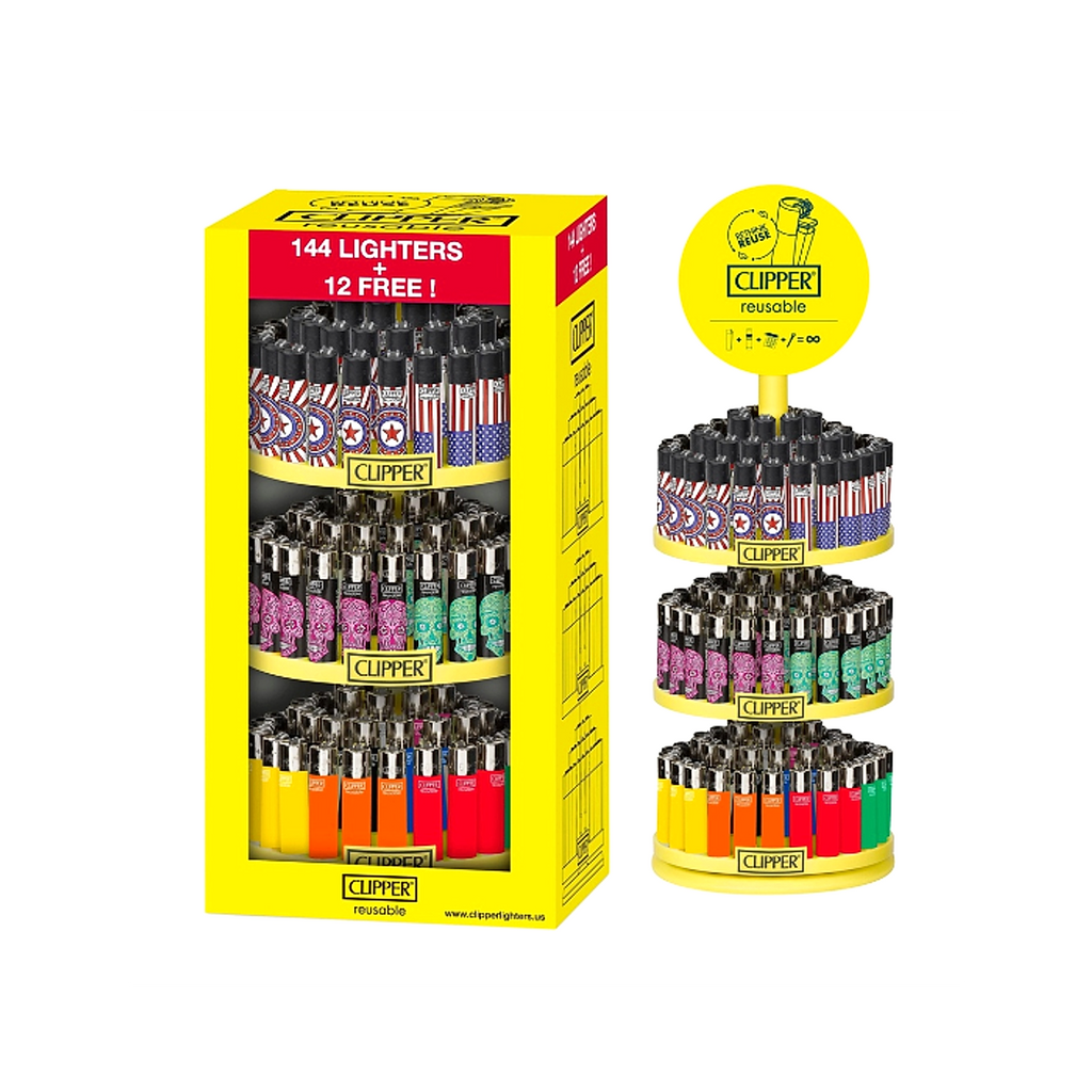 Clipper Reusable Mix 3 Tier Lighters - 144ct + 12 Free