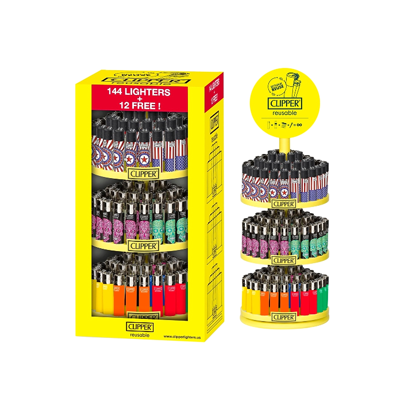 Clipper Reusable Mix 3 Tier Lighters - 144ct + 12 Free